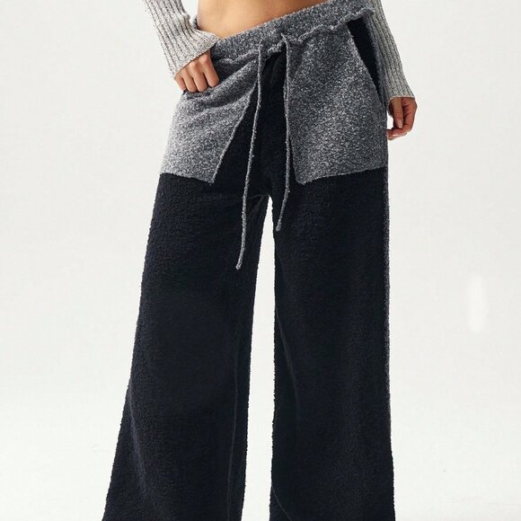 Black Casual Women's Contrast Color Casual Wide Leg Pants - Picture 6 of 11